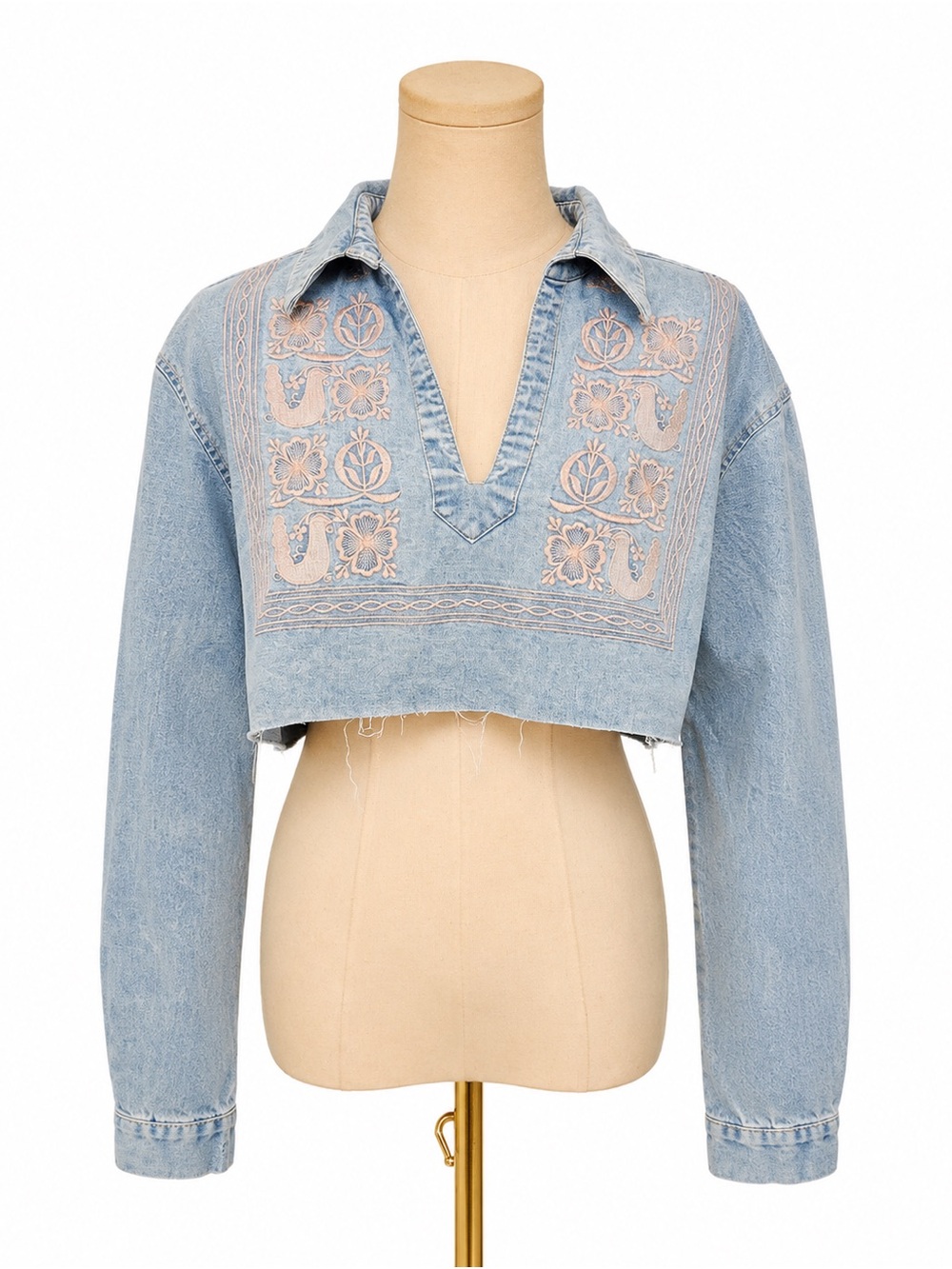 Theory Cropped Embroidered Lightweight Denim Shirt Light Wash Size Medium